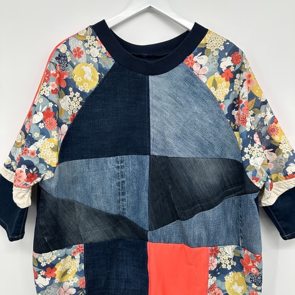 Vintage Upcycled Patchwork Top Shirt Size L XL Boho‎ Artsy Eclectic Denim Grunge - Picture 3 of 9